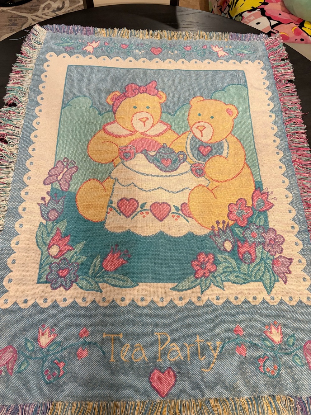 Vintage 1990s Woven Tapestry Wall Hanging Teddy Bear Tea Party Fringed 42x33